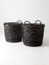 vintage black woven cane baskets pair