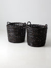 vintage black woven cane baskets pair