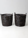 vintage black woven cane baskets pair