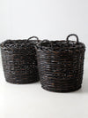 vintage black woven cane baskets pair