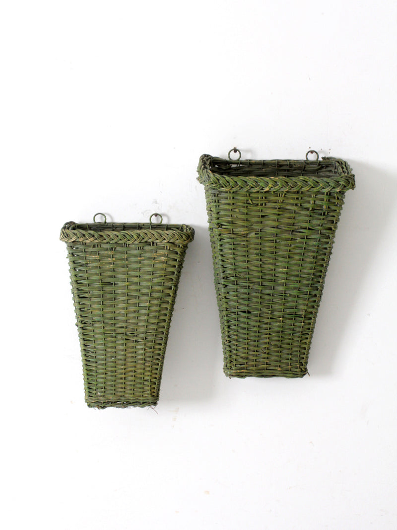 vintage green wicker wall baskets pair