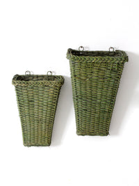 vintage green wicker wall baskets pair