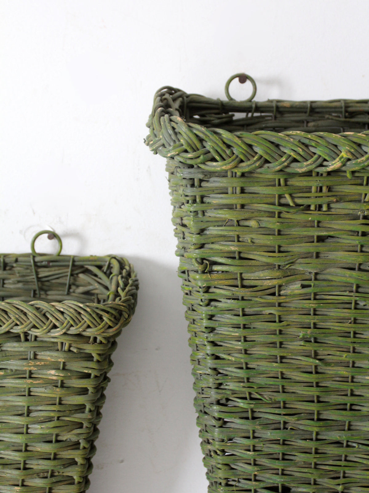 vintage green wicker wall baskets pair