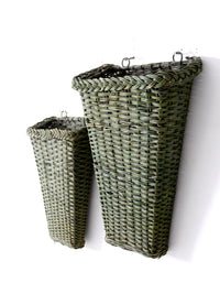 vintage green wicker wall baskets pair