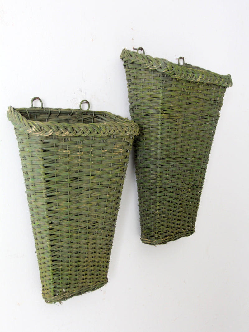 vintage green wicker wall baskets pair