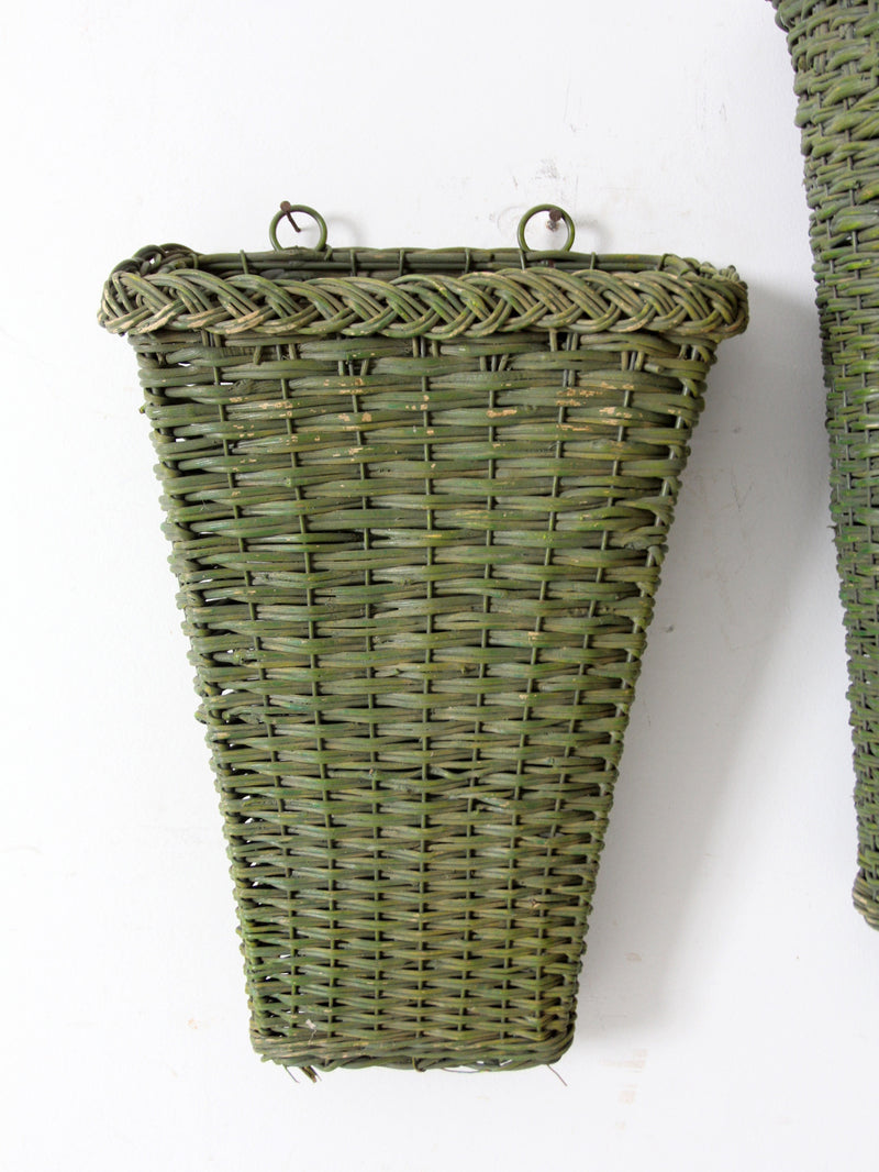 vintage green wicker wall baskets pair