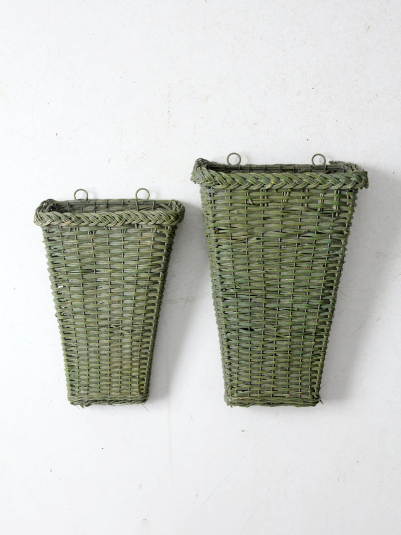 vintage green wicker wall baskets pair