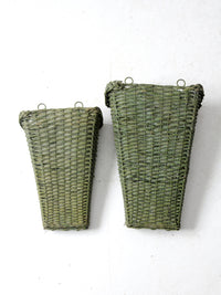 vintage green wicker wall baskets pair