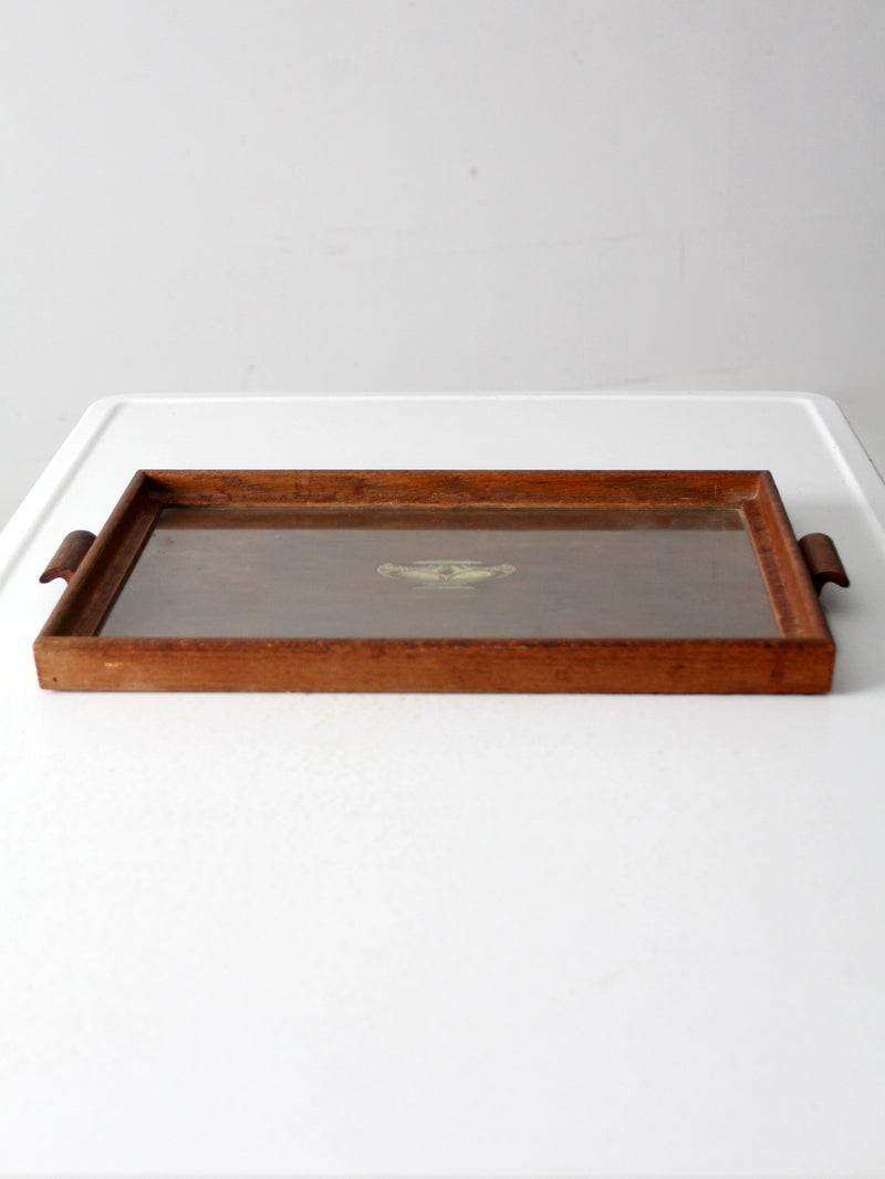 antique glass top wood tray