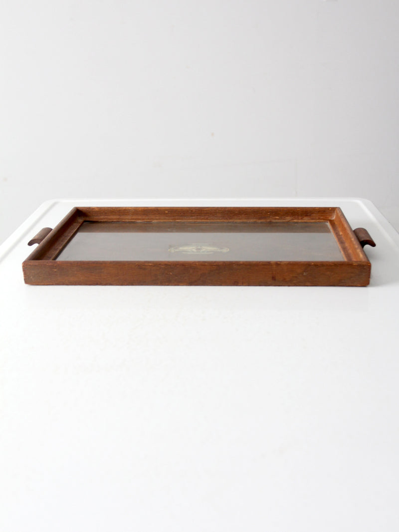 antique glass top wood tray