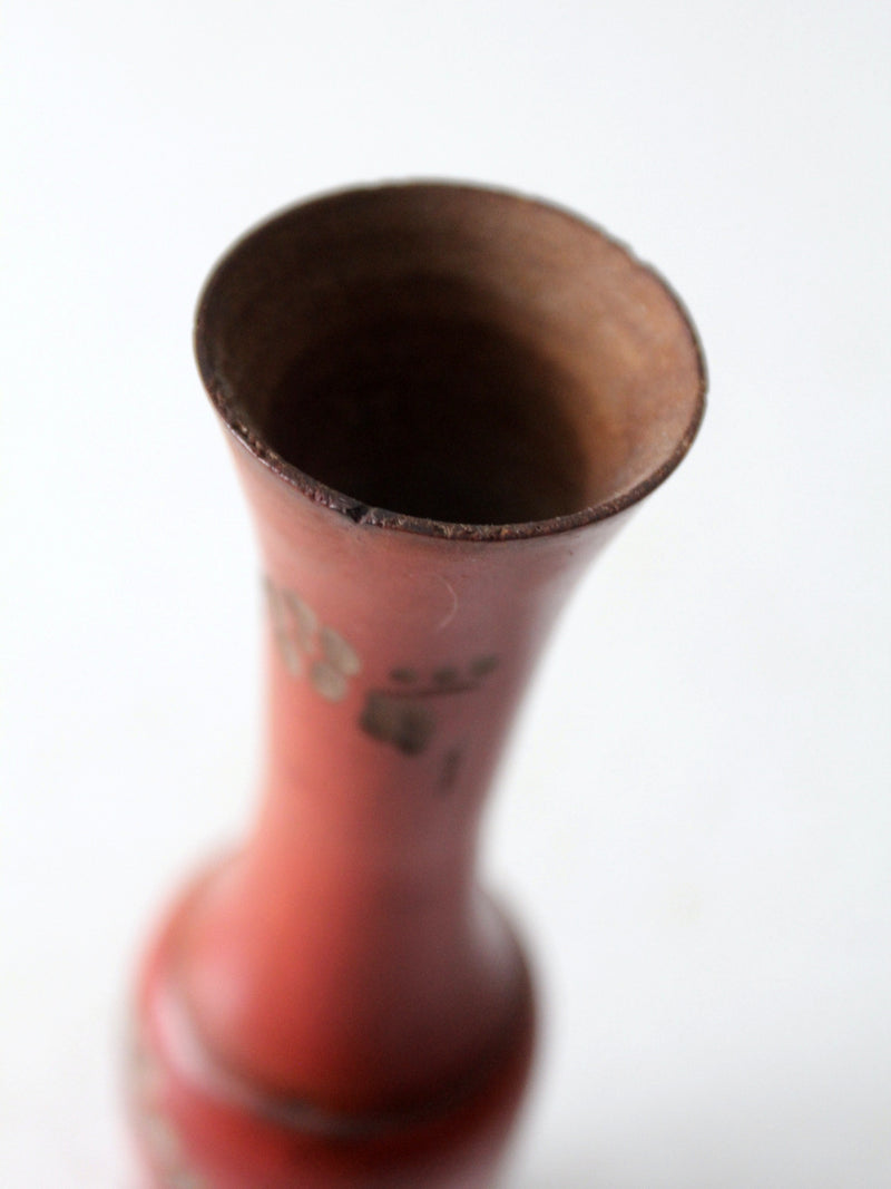 vintage red floral hand carved wood vase