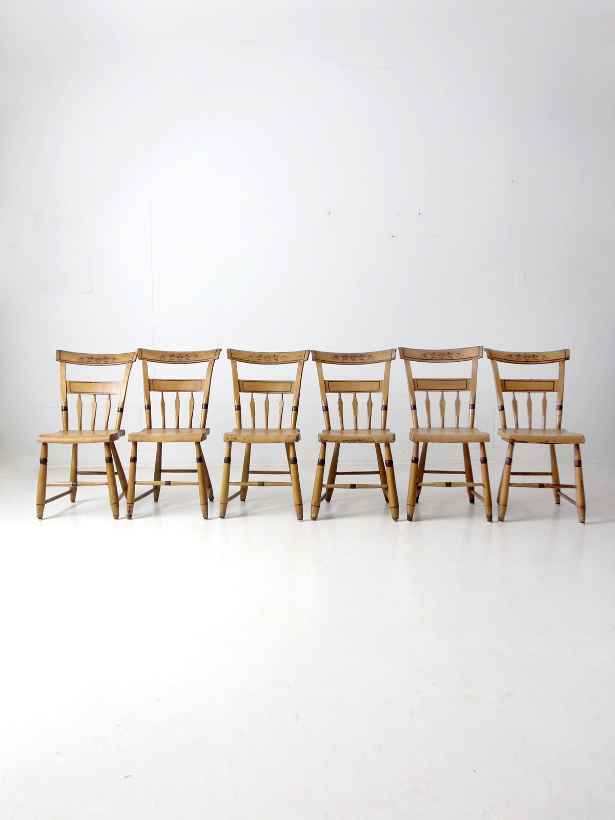 antique set of 6 painted plank seat chairs