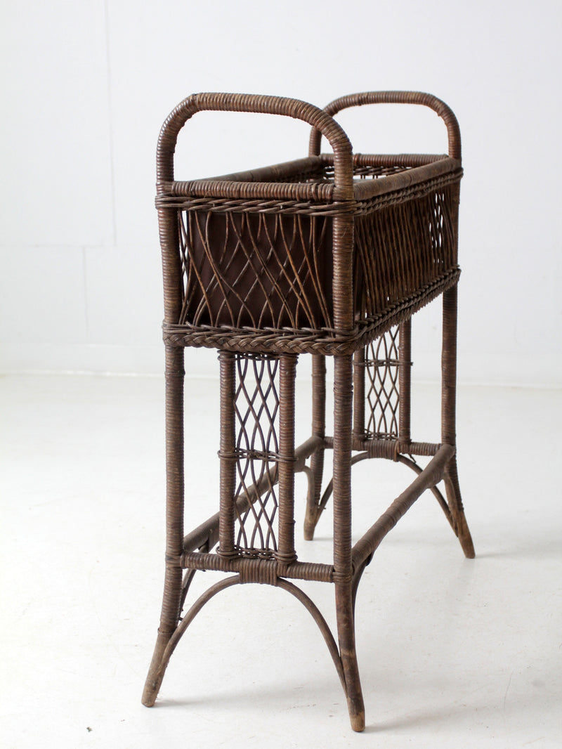 antique wicker woven planter stand