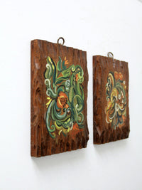 mid century painted wood wall art pair