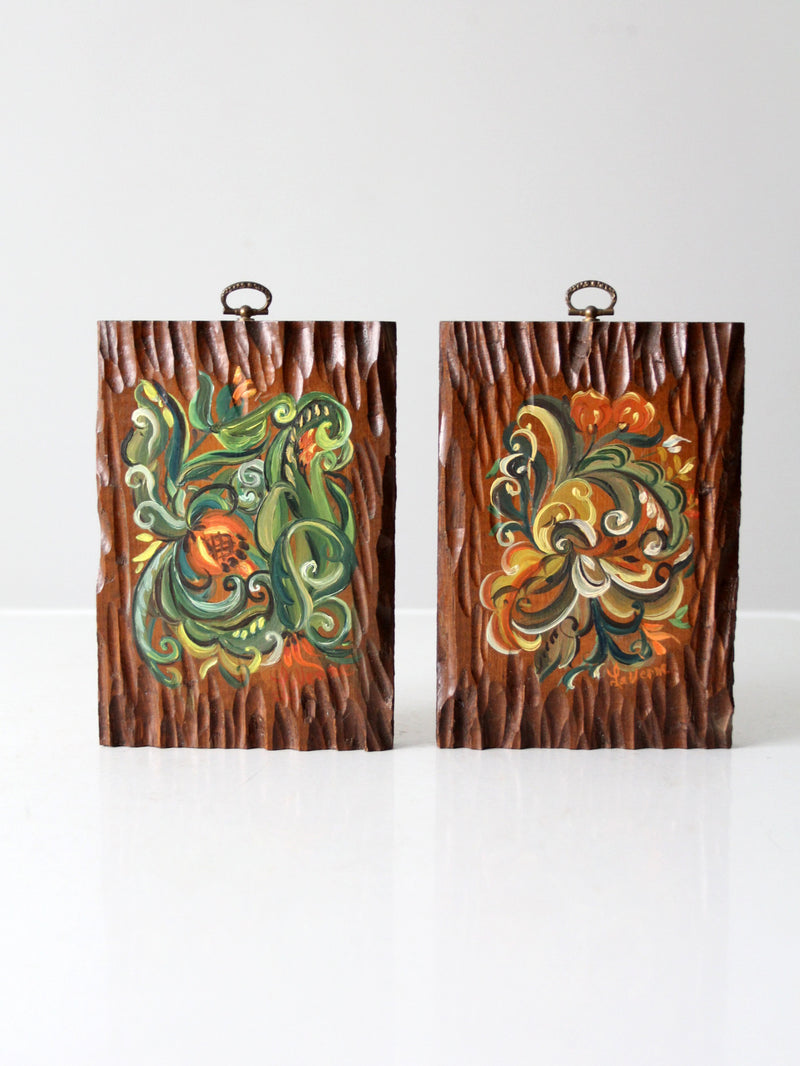 mid century painted wood wall art pair