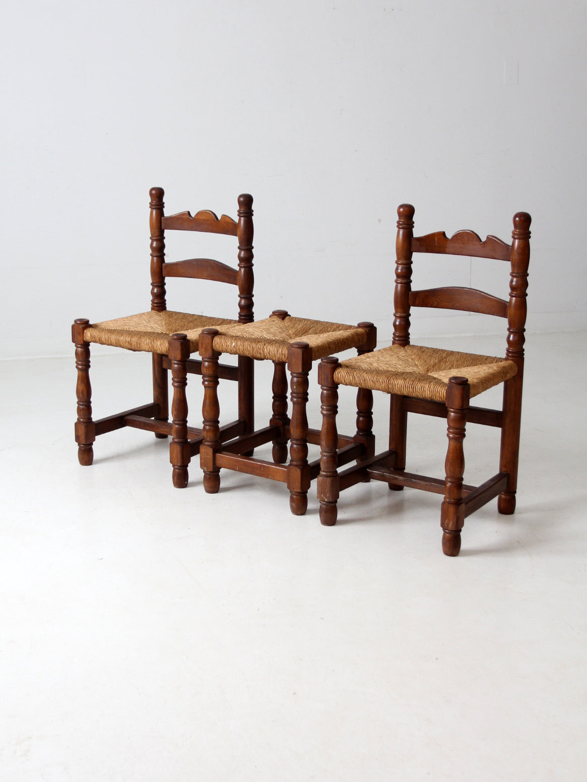 antique rush seat chairs and stool set