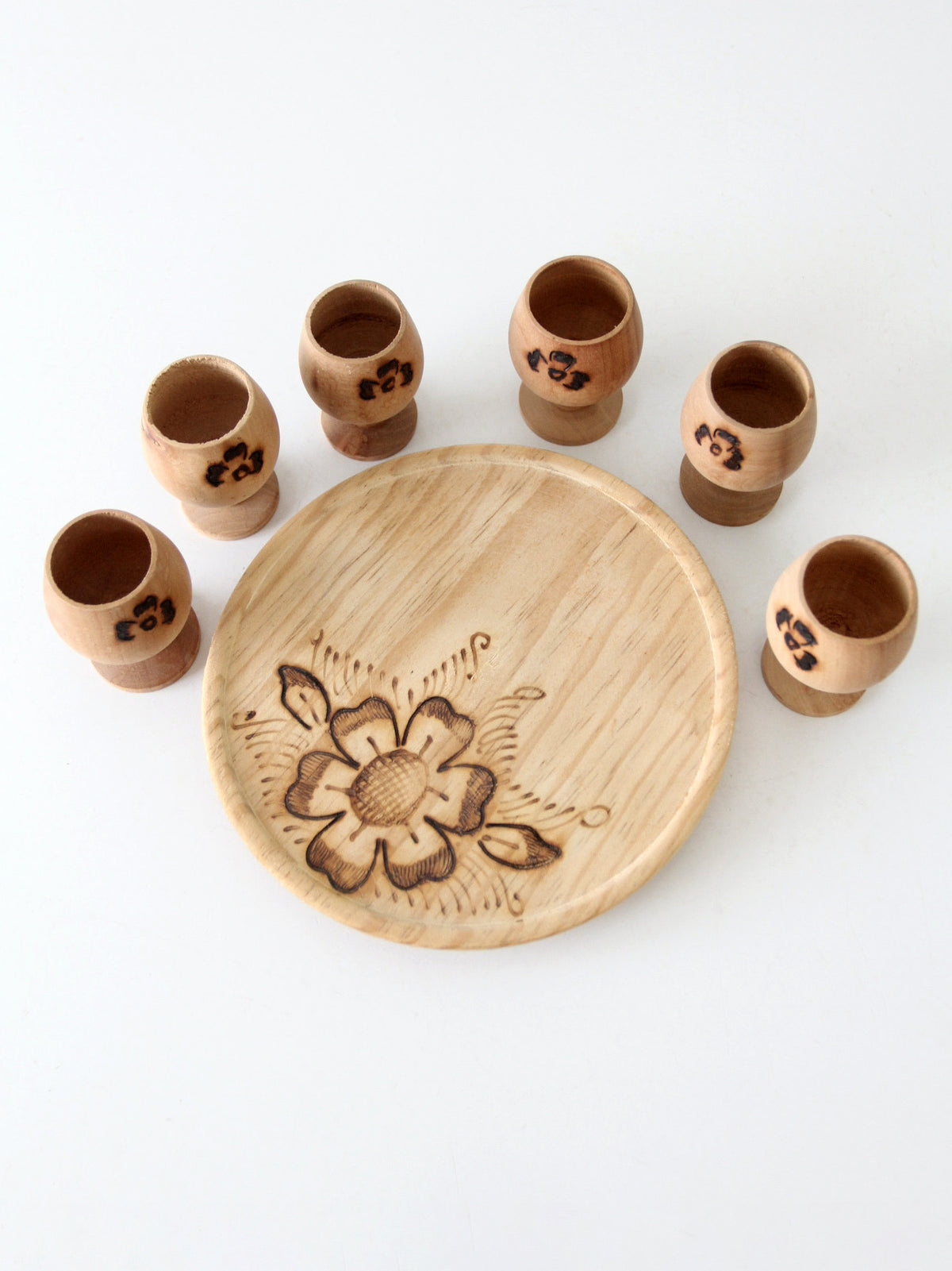 vintage folk art wooden cordial cups with tray set