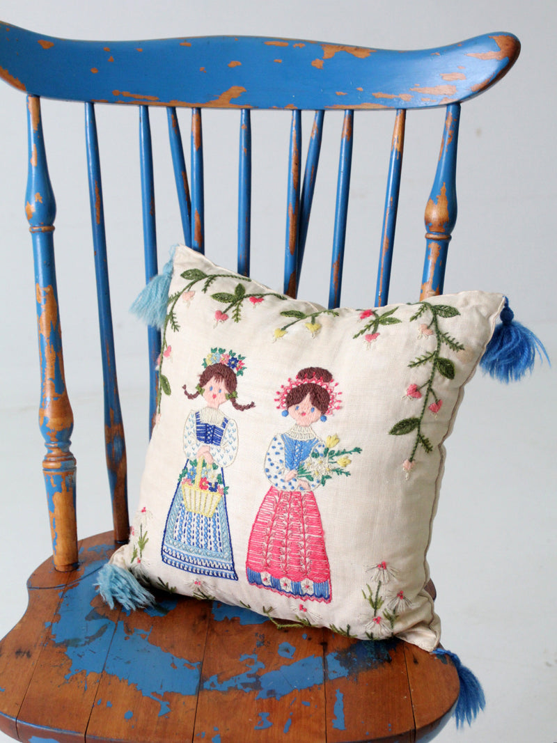 vintage embroidered girls throw pillow