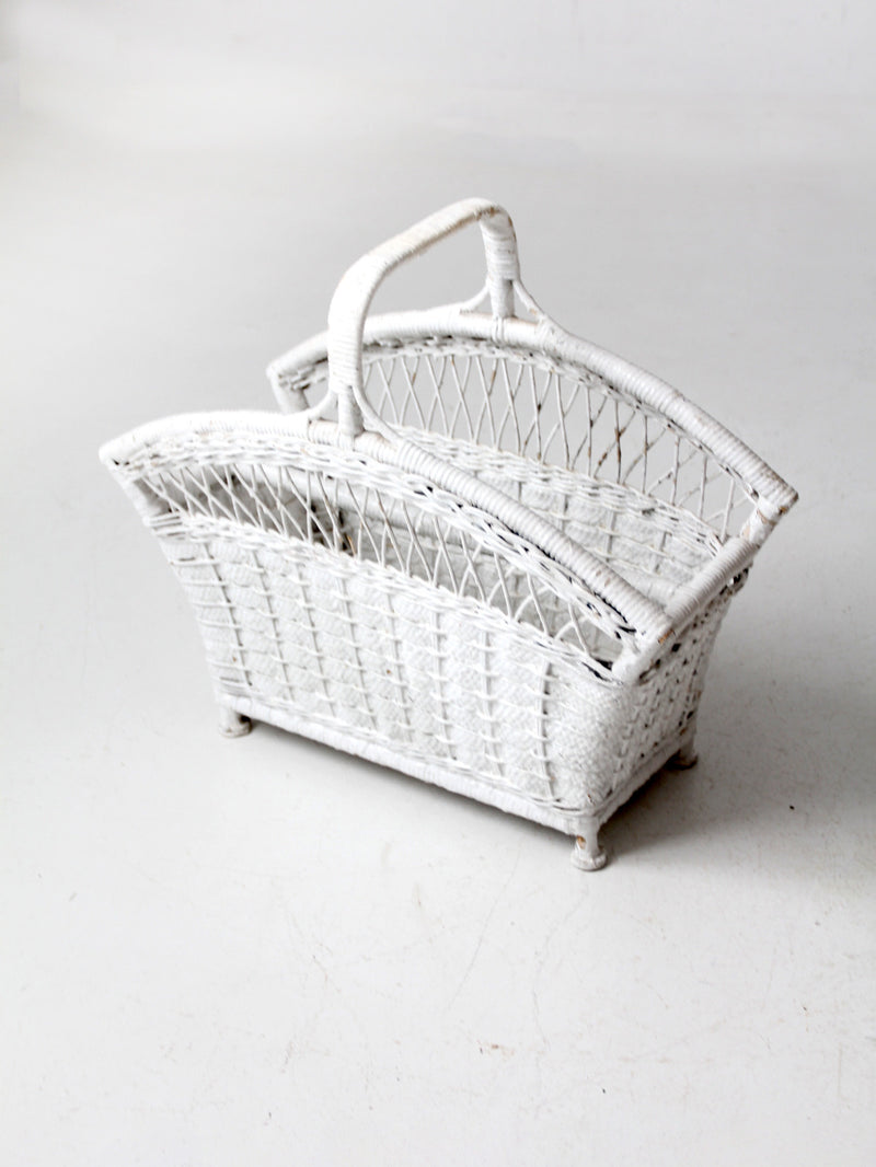 vintage white wicker magazine basket