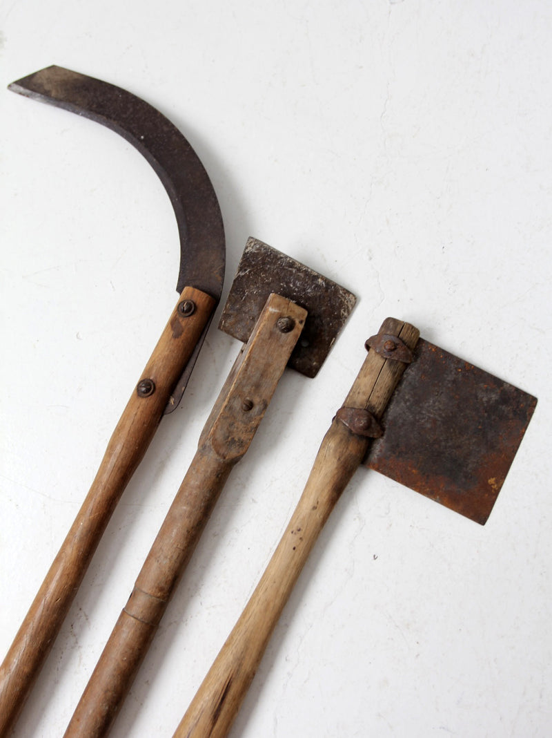 antique agricultural tools collection of 3