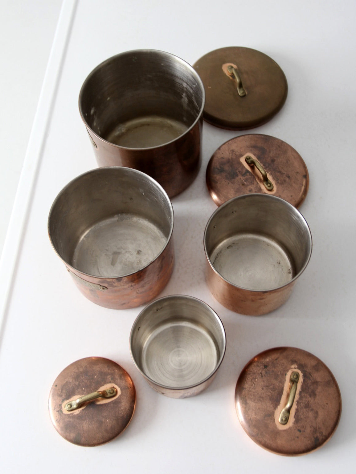 4 Vintage Copper and Brass sold Metal Canister Set, Containers, Flour, Sugar, Coffee