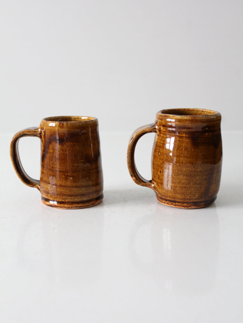 vintage rustic handmade pottery mugs pair