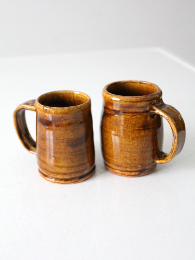 vintage rustic handmade pottery mugs pair