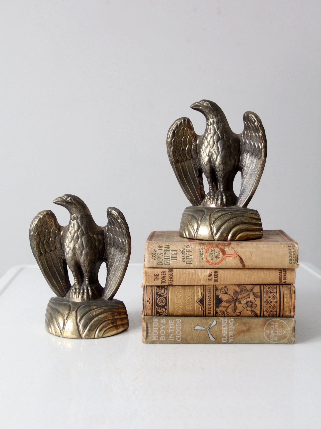 Vintage Brass Metal Eagle Bookends On White Wooden Bases | Americana Patriotic Colonial Traditional Classic USA outlet Bookcase Home Decor