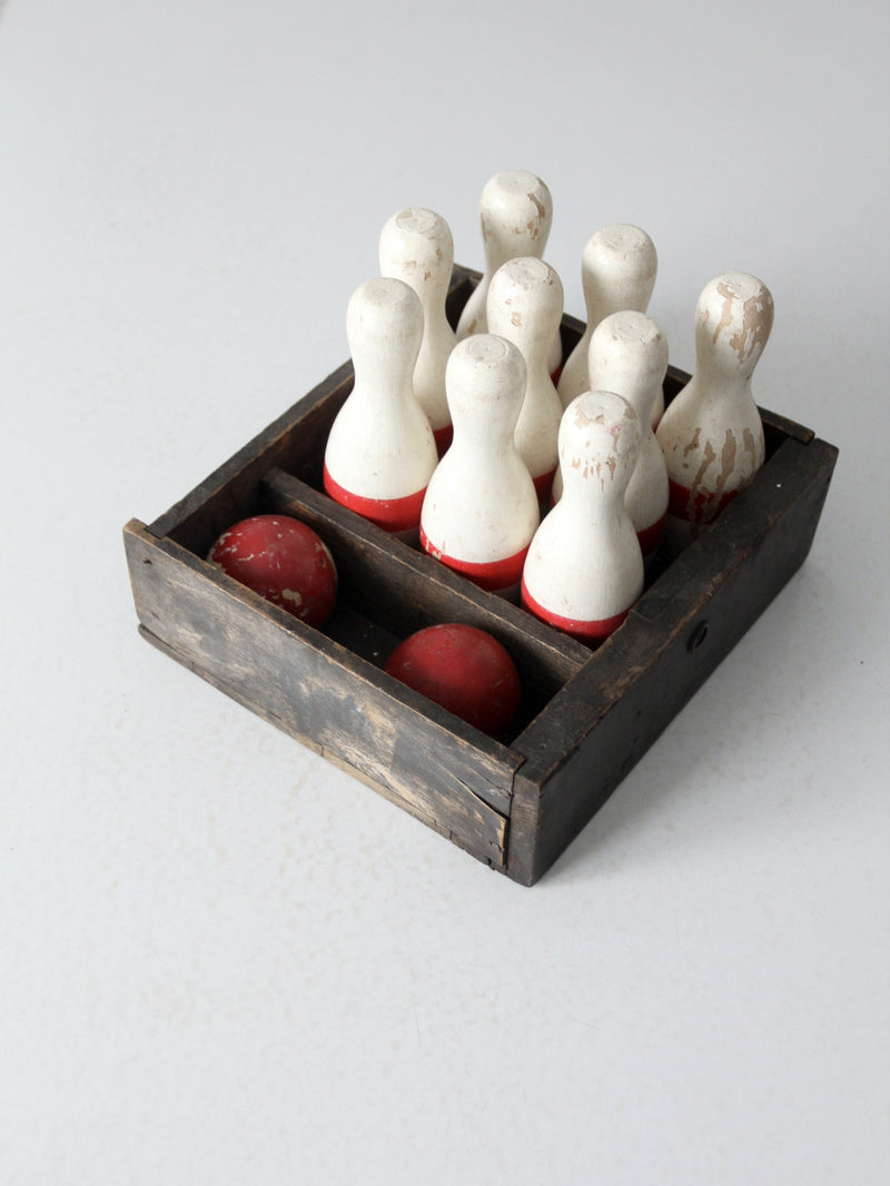 antique bowling game skittles set with box