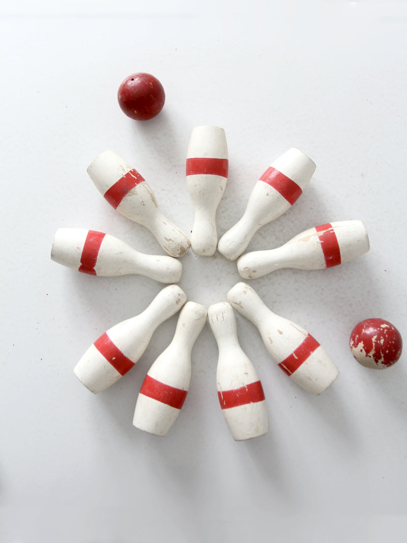 antique bowling game skittles set with box