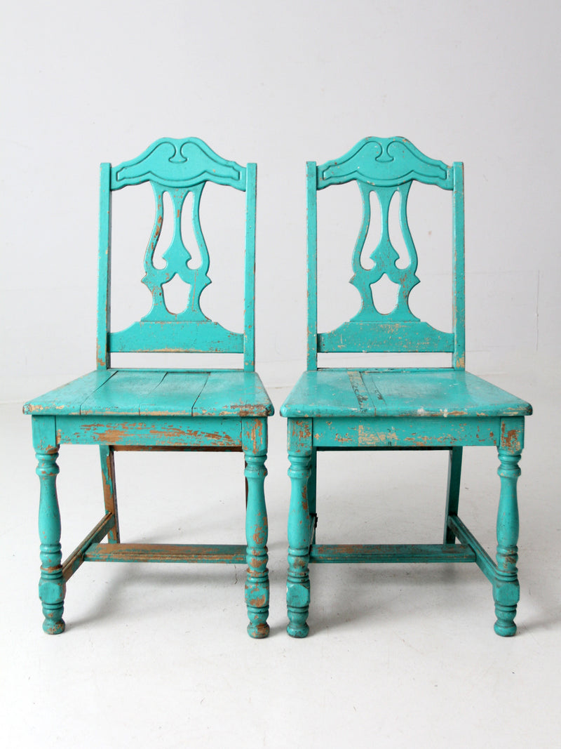 vintage turquoise wooden dining room chairs pair