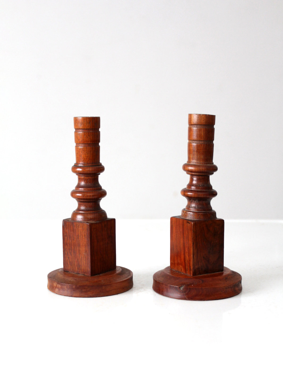 vintage wooden candlestick holders pair