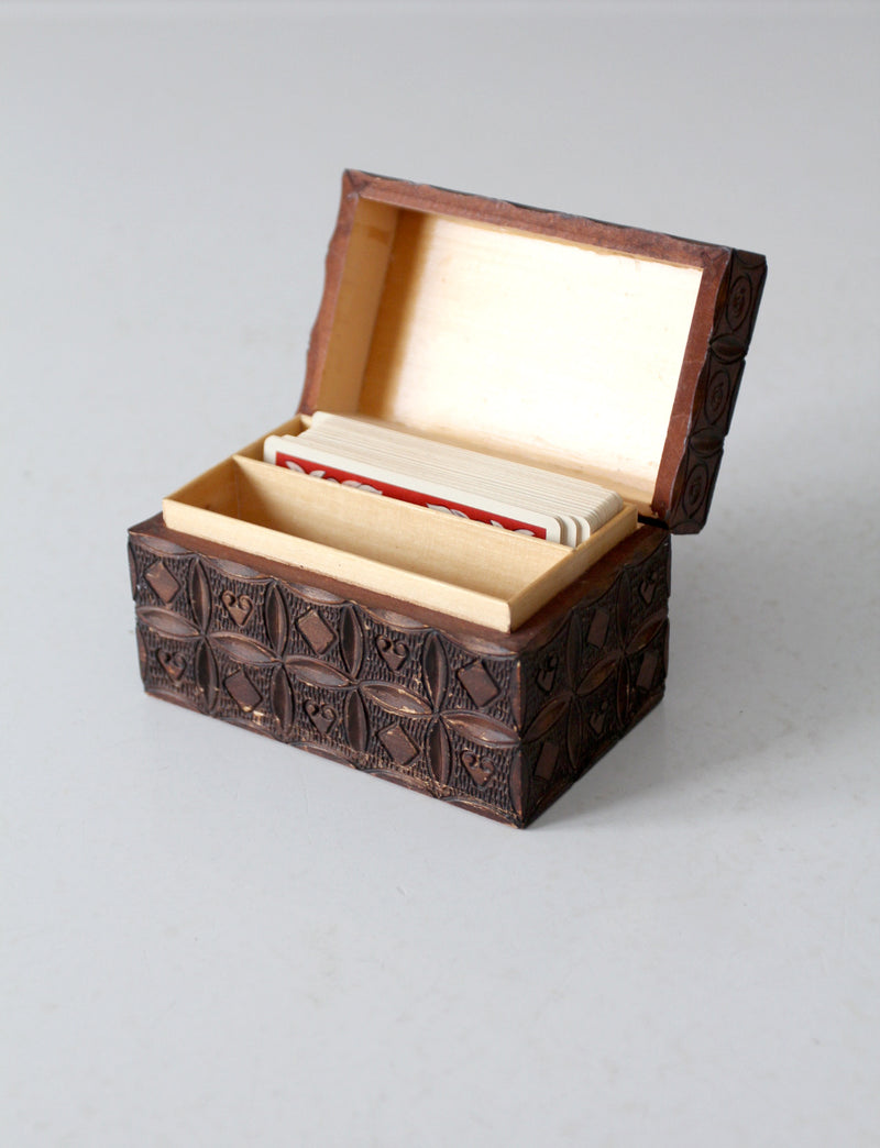 vintage carved wood playing card box