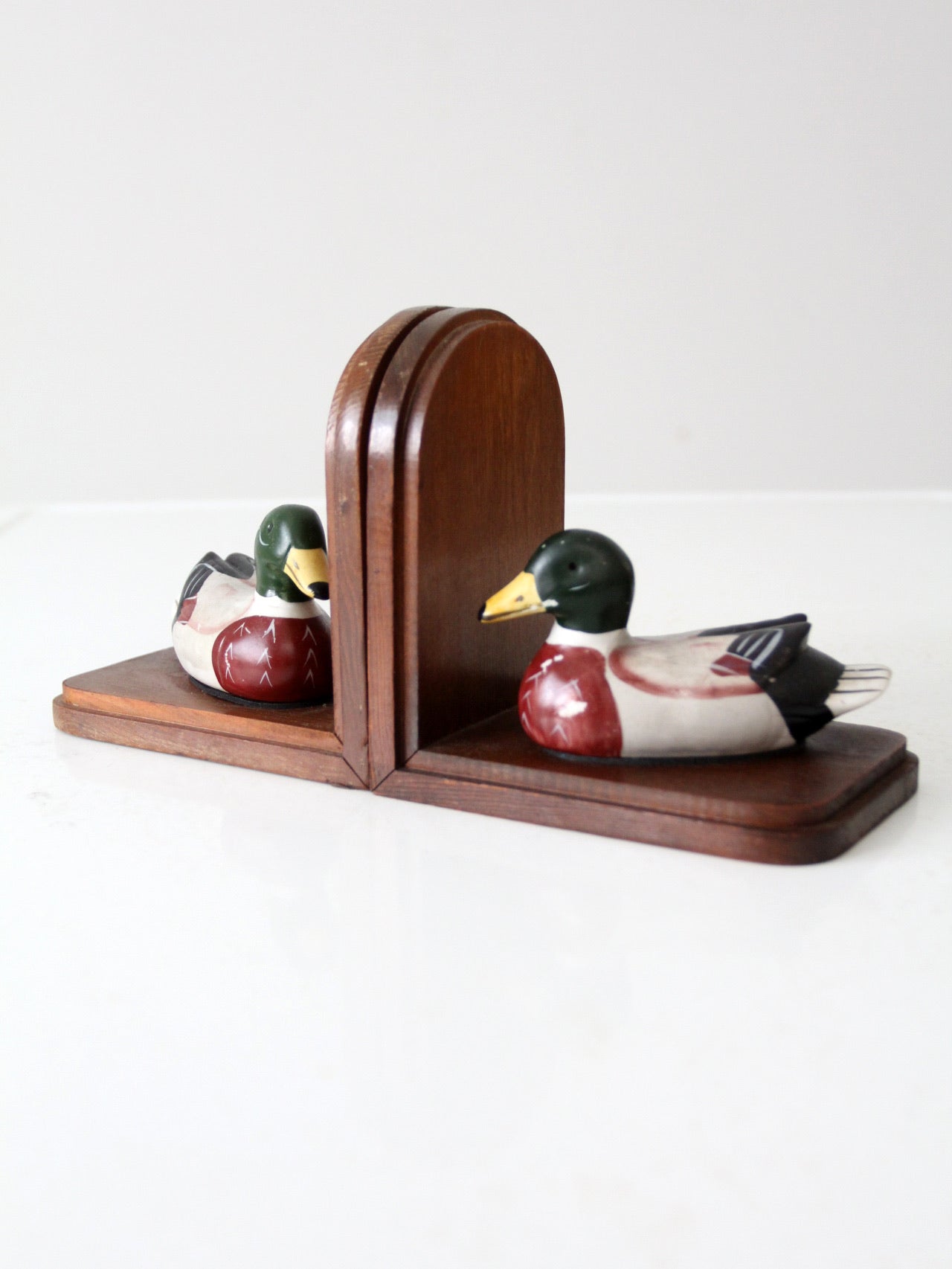 Vintage selling Solid Carved Wood Hand painted Mallard Duck Book Ends Matched Pair