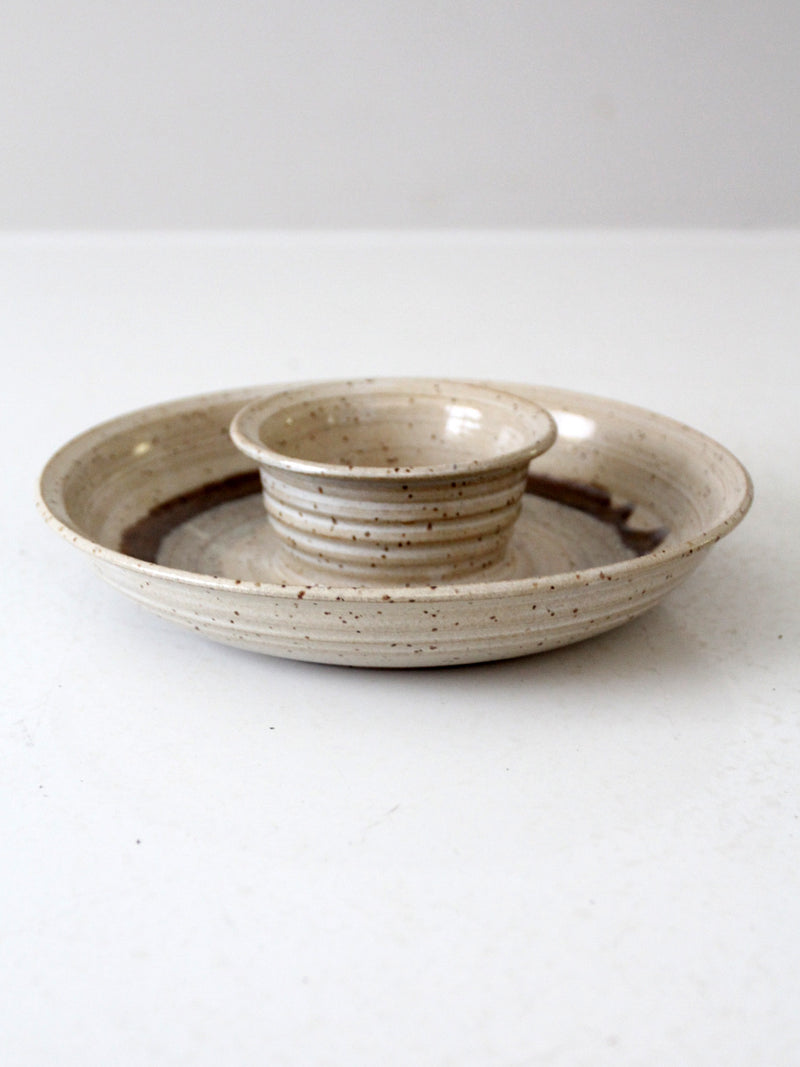 vintage studio pottery serving platter with dip bowl