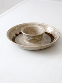 vintage studio pottery serving platter with dip bowl