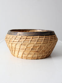 mid century woven basket with metal trim