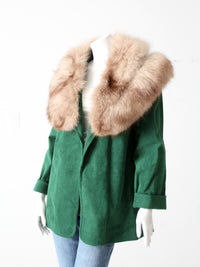 vintage green suede coat with fur collar