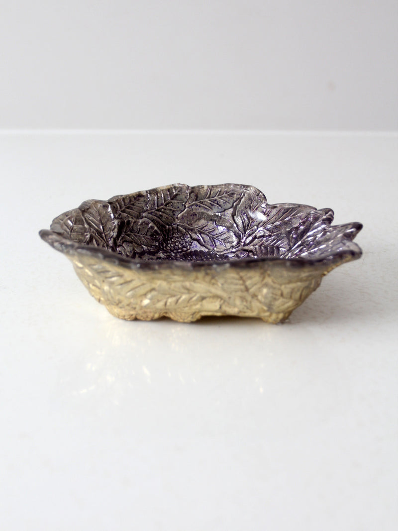 antique silver plated leaf bowl with glass overlay