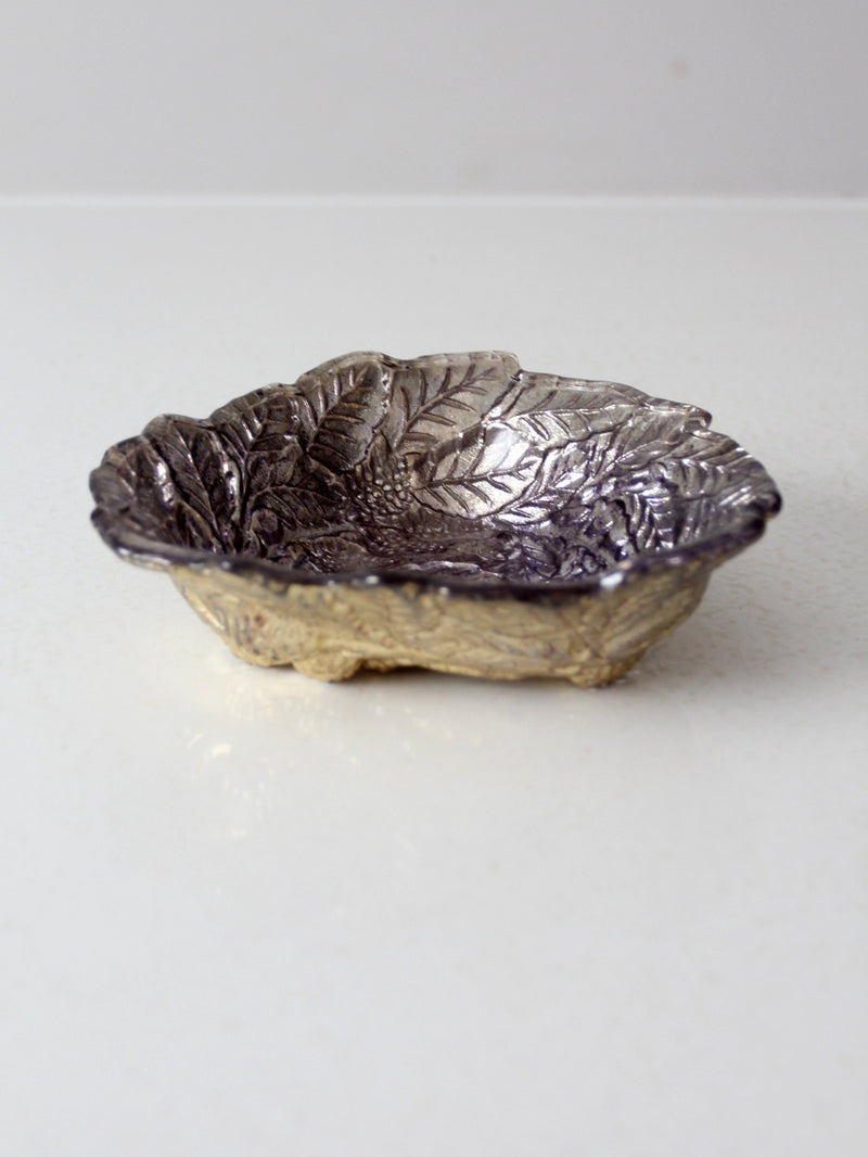 antique silver plated leaf bowl with glass overlay