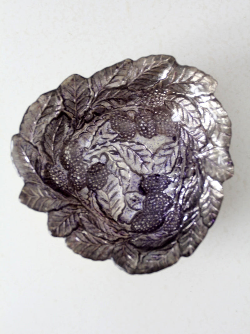 antique silver plated leaf bowl with glass overlay