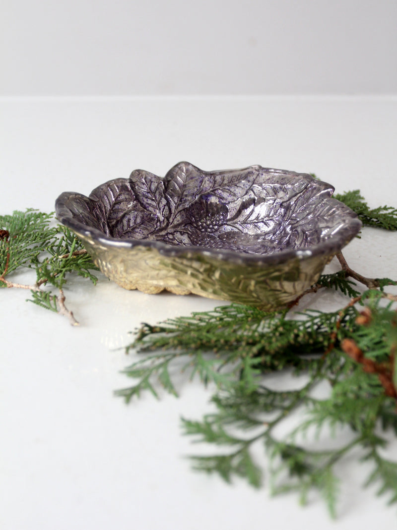 antique silver plated leaf bowl with glass overlay