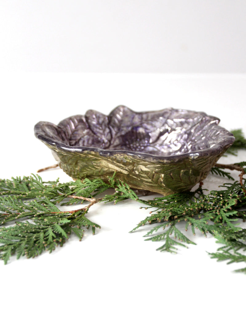 antique silver plated leaf bowl with glass overlay