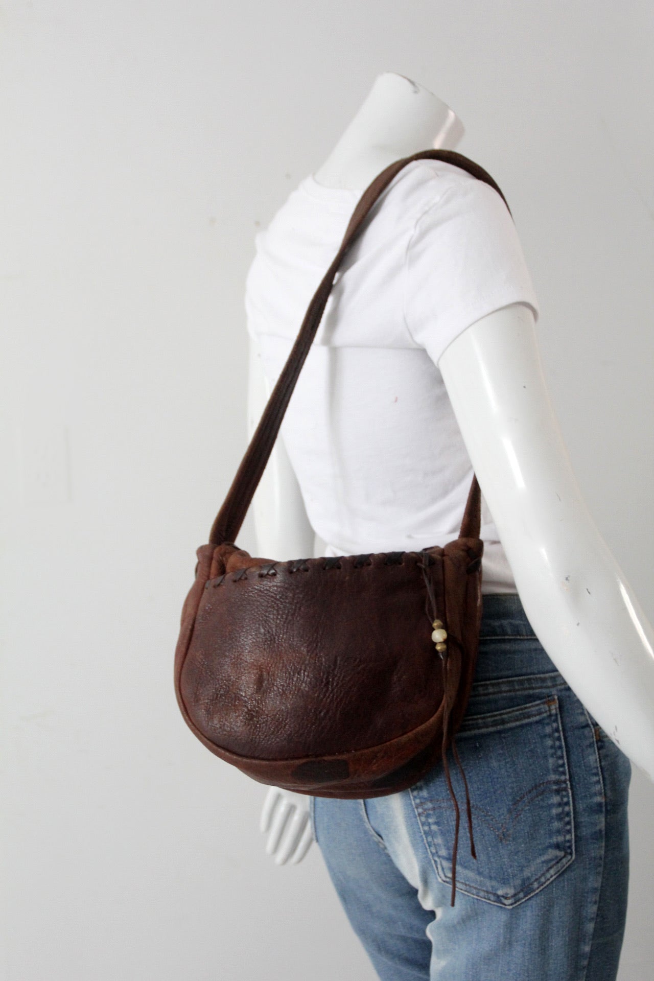 Vintage Brown Coffee Bean Weaved Leather store Boho Shoulder Bag , Hippie Brown leather Shoulder Bag