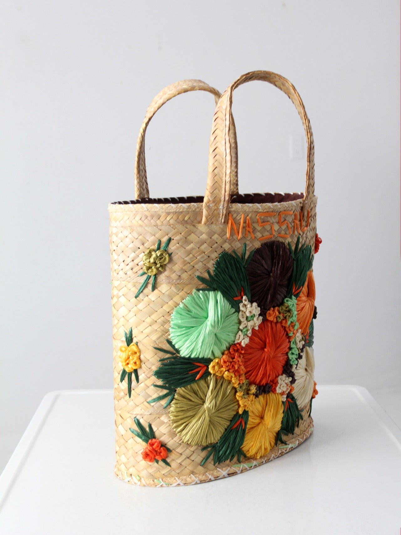 Vintage Straw orders Cylinder Handbag with Raffia Flowers