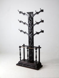 antique gothic revival carved wood hall tree