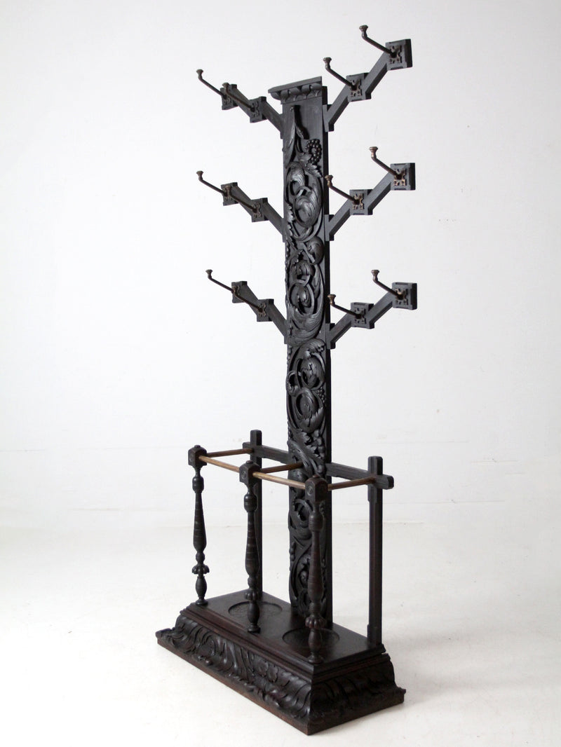 antique gothic revival carved wood hall tree