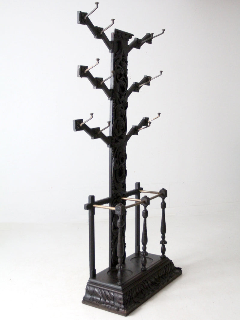 antique gothic revival carved wood hall tree