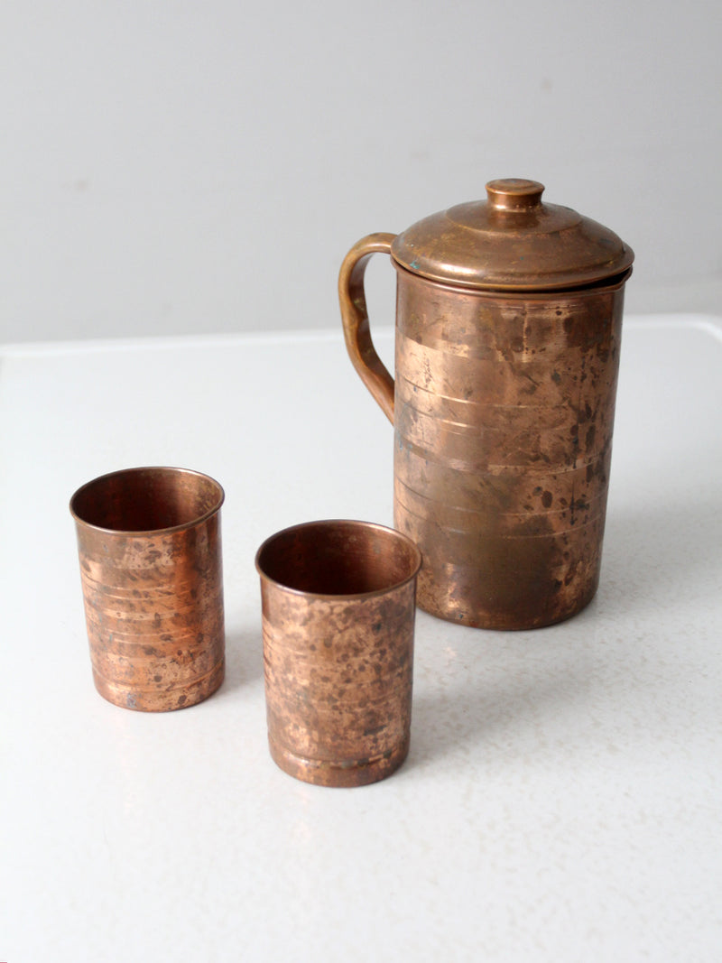 vintage copper pitcher and cups set