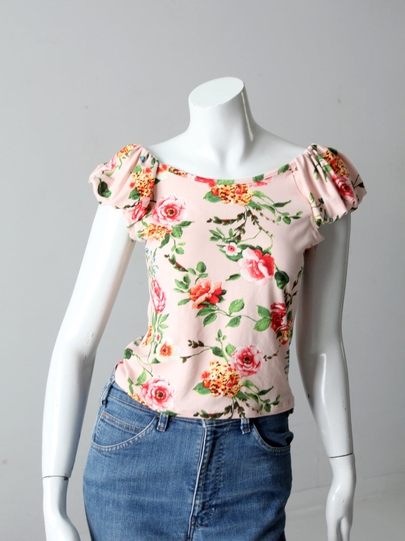 vintage rose print ruffle blouse